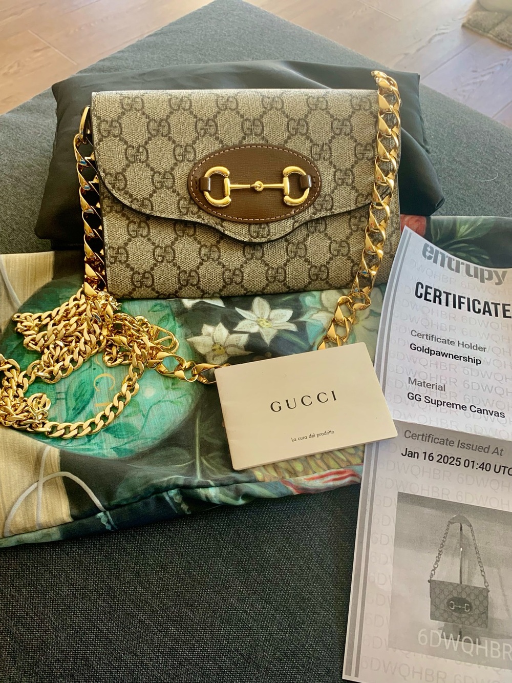 Gucci GG Supreme Canvas Chain Shoulder Bag in Beige/Brown with Gold Hardware